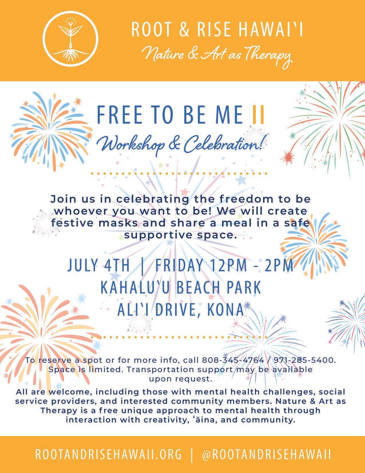 Root & Rise Hawaiʻi free community event flyer with fireworks, beach park details, and July 4th noon to 2 PM info
