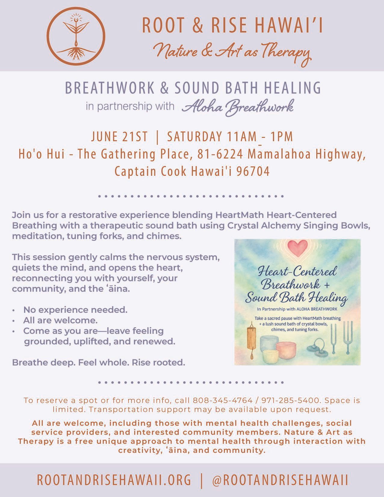 Root & Rise Hawaii breathwork and sound bath healing event flyer with dates, location, and floral accents