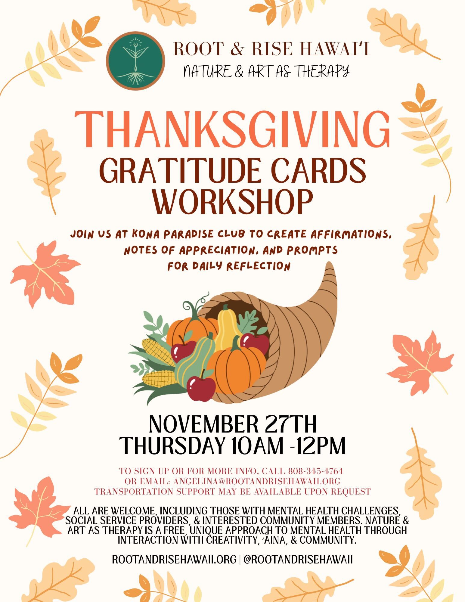Thanksgiving gratitude cards workshop flyer with fall leaves, pumpkins, and November 27th event details.