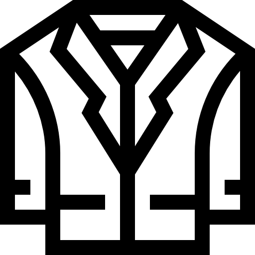 A black and white icon of a jacket with a tie.