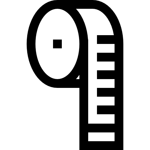 A black and white icon of a tape measure with a square in the middle.