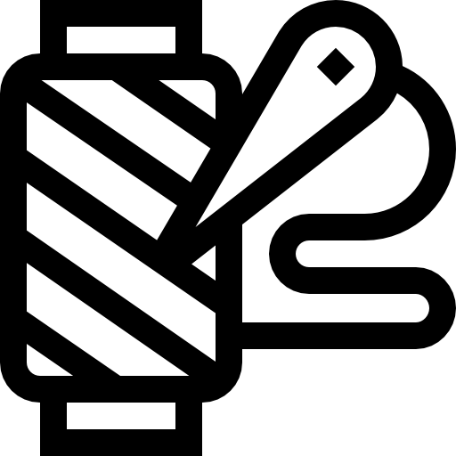 A black and white icon of a spool of thread and a needle.