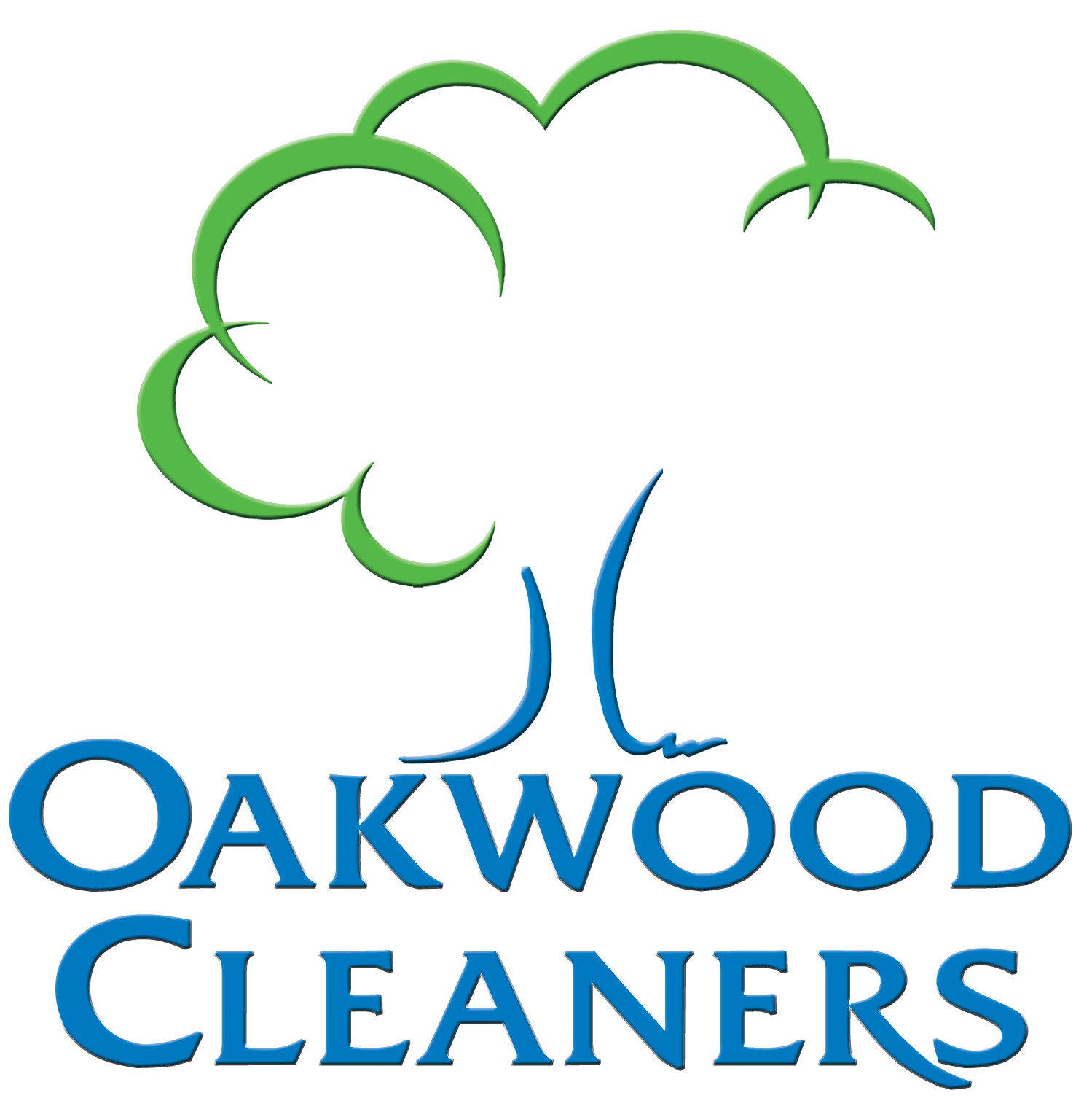 A logo for oakwood cleaners with a tree in the middle