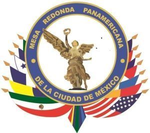 Mesa Redonda Panamericana emblem with statue, flags, and text 