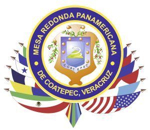 Emblem of Mesa Redonda Panamericana in Coatepec, Veracruz, featuring a central shield and surrounding flags of the Americas.