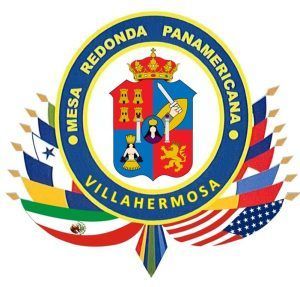 Logo of Mesa Redonda Panamericana, Villahermosa, featuring a shield and flags of various nations.