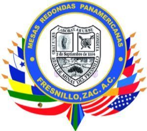 Logo of Mesas Redondas Panamericanas, Fresnillo, Zac. A.C. with a central emblem and flags.