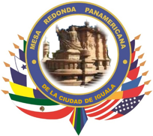 Logo of the Mesa Redonda Panamericana in Iguala, Mexico, with flags of different nations around a central monument.