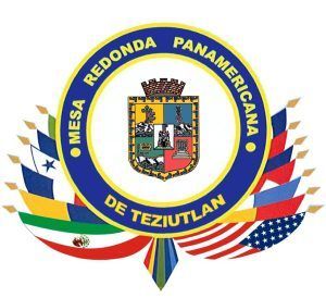 Logo for Mesa Redonda Panamericana de Teziutlan, with a central emblem and surrounding flags.