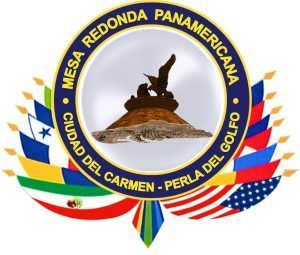 Logo of Mesa Redonda Panamericana Ciudad del Carmen: circular emblem with flags surrounding a monument.