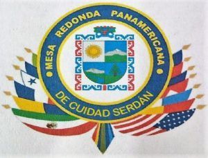 Emblem: Blue circle with text 