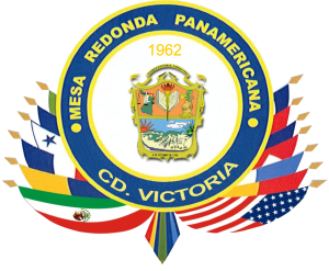 Emblem of Mesa Redonda Panamericana in Cd. Victoria, Mexico, with flags of the Americas and a central seal.