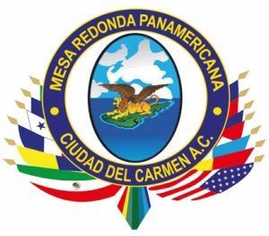 Logo for Mesa Redonda Panamericana Ciudad del Carmen A.C., featuring a crest with flags and an eagle over a map.