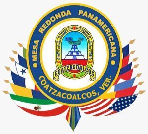 Circular emblem of Mesa Redonda Panamericana Coatzacoalcos, Ver., with flags and a central design featuring a pyramid.