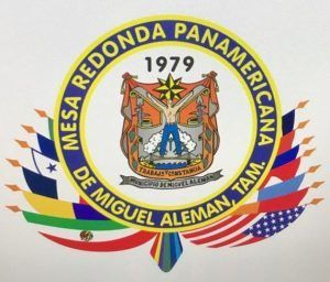 Emblem of Mesa Redonda Panamericana de Miguel Aleman, Tam. in a circular shape with flags and dates.