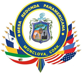 Emblem of Mesa Redonda Panamericana, Monclova, Mexico, with central coat of arms and surrounding flags.