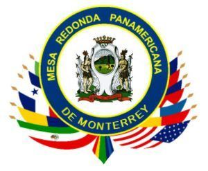 Circular emblem of Mesa Redonda Panamericana de Monterrey, with flags and a central design.