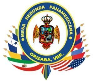 Emblem of Mesa Redonda Panamericana Orizaba, Veracruz, with a central crest, flags, and text in a circular design.