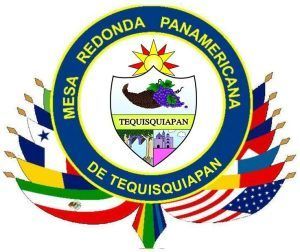 Emblem of Mesa Redonda Panamericana de Tequisquiapan, featuring a central crest surrounded by flags.