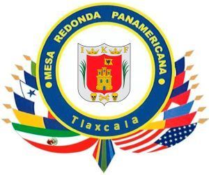 Logo of Mesa Redonda Panamericana Tlaxcala, featuring flags and a crest with a castle.