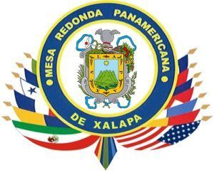 Emblem of Mesa Redonda Panamericana de Xalapa with surrounding flags. Blue, yellow, and white colors used.