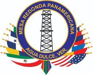 Emblem for Mesa Redonda Panamericana, Agua Dulce, Ver. features an oil derrick in a circle and flags.