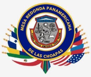 Emblem for Mesa Redonda Panamericana de las Choapas, Veracruz with flags encircling a central badge.