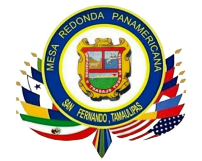 Seal of Mesa Redonda Panamericana, San Fernando, Tamaulipas, with flags of the Americas.