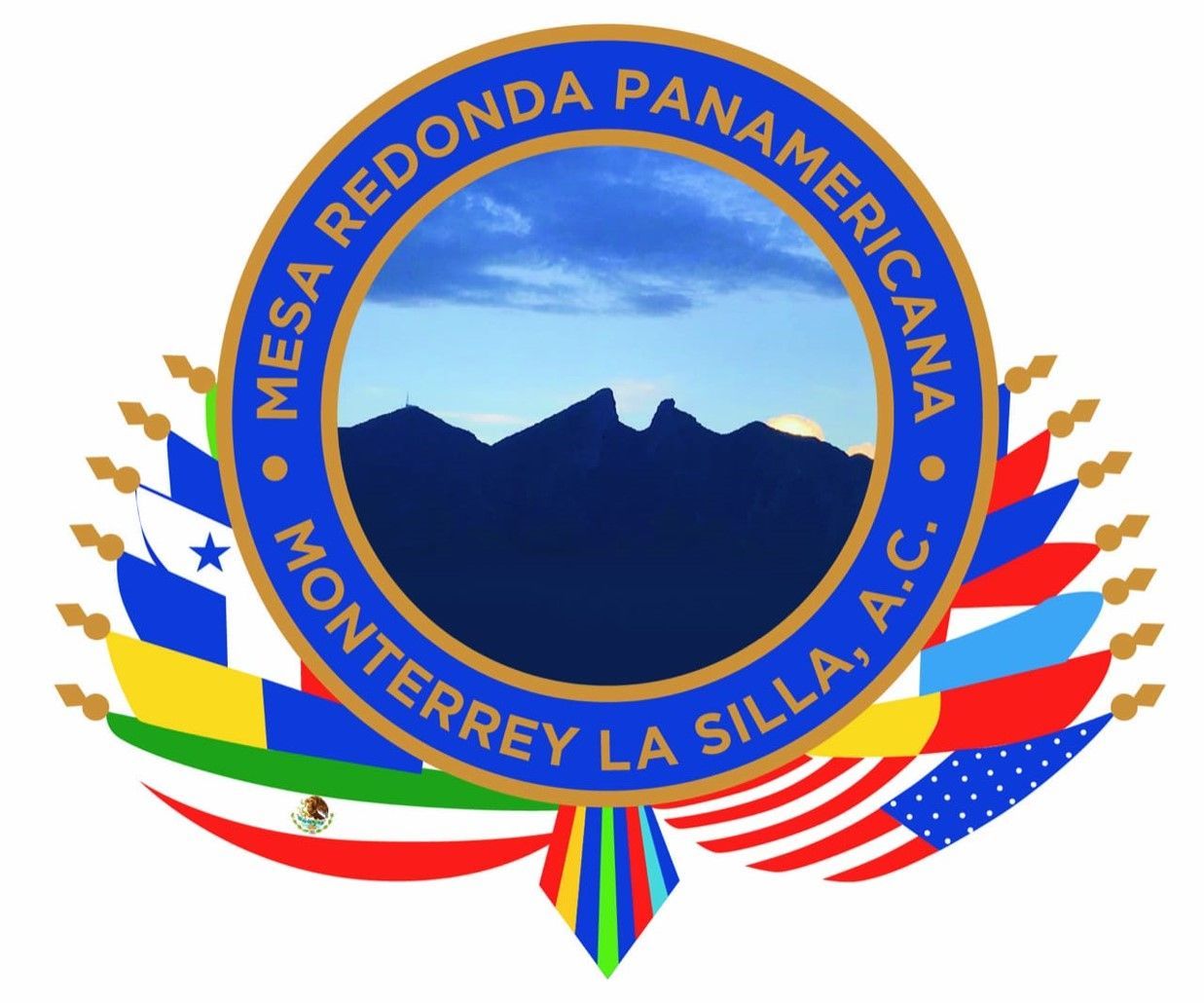 Emblem for Mesa Redonda Panamericana in Monterrey, featuring La Silla mountain, flags, and a blue and gold design.