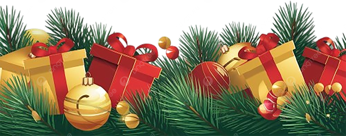 Christmas garland with gifts, ornaments, and pine branches in red and gold on white.
