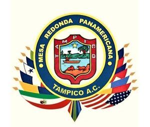 Logo of Mesa Redonda Panamericana Tampico A.C., featuring a central emblem with a coastal scene surrounded by text and flags.