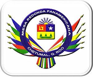 Emblem of Mesa Redonda Panamericana, Chetumal, Q. Roo. Features a blue ring with text, flags, and a central shield design.