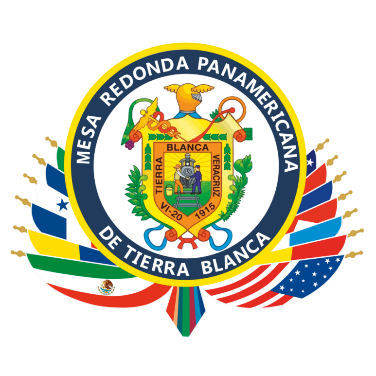 Emblem of Mesa Redonda Panamericana de Tierra Blanca with flags of multiple nations.