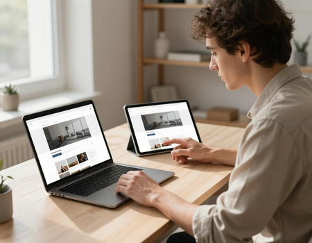 Designer reviewing website mockups at a desk