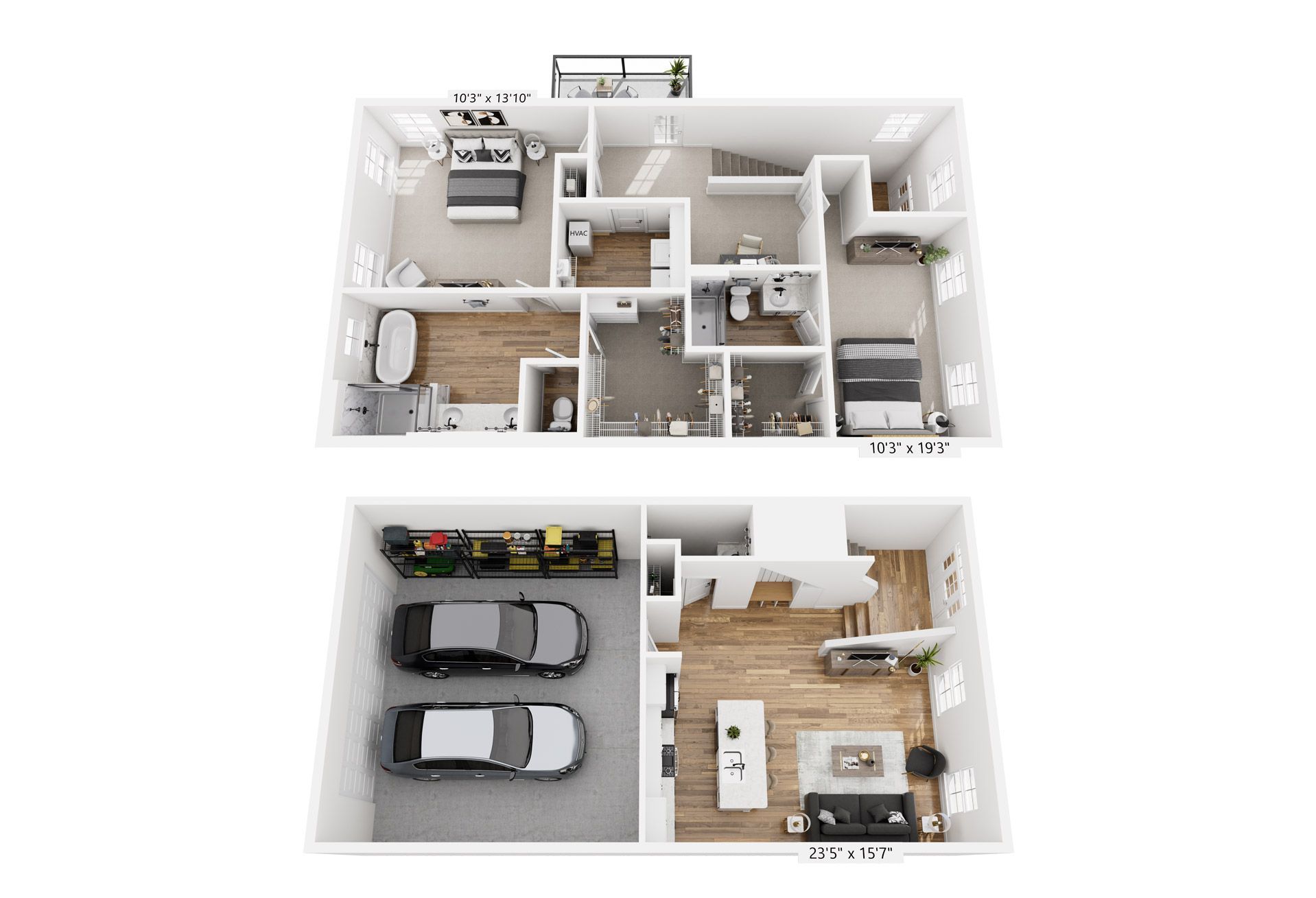 A 3d floor plan of a house with a garage and two cars.