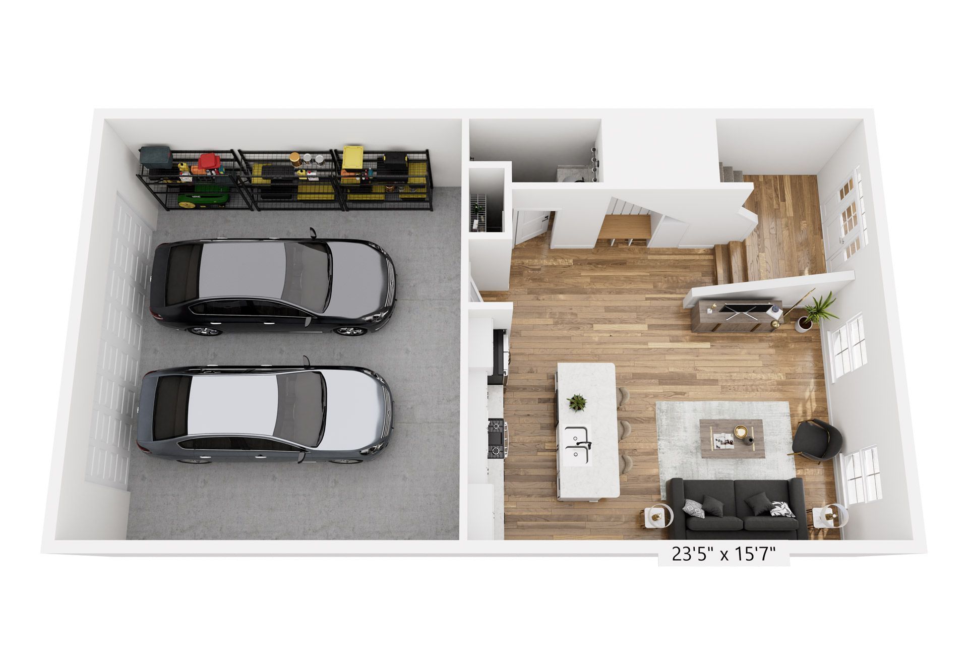 A 3d floor plan of a house with two cars in the garage.