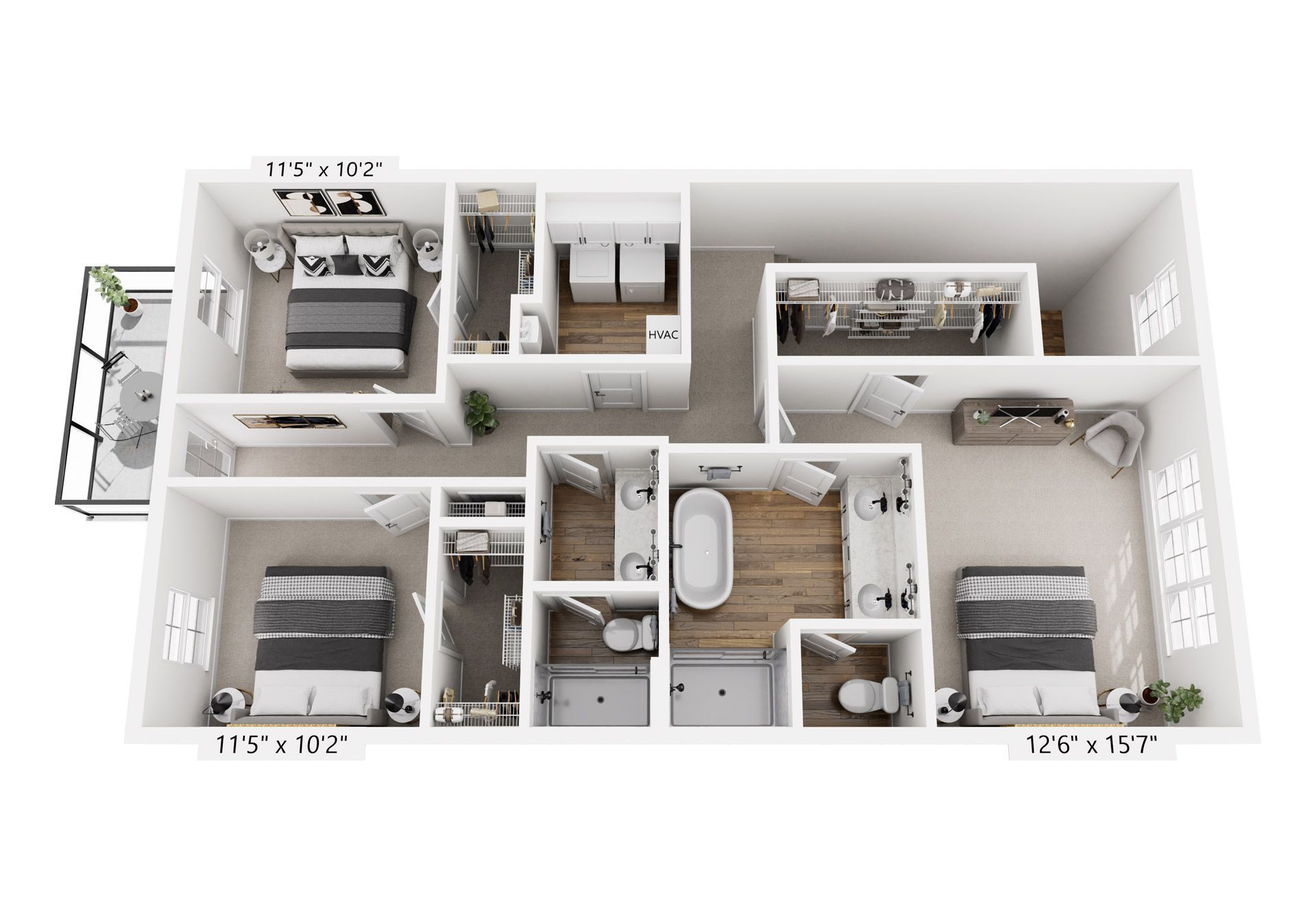 A 3d floor plan of a house with three bedrooms , two bathrooms , and a balcony.