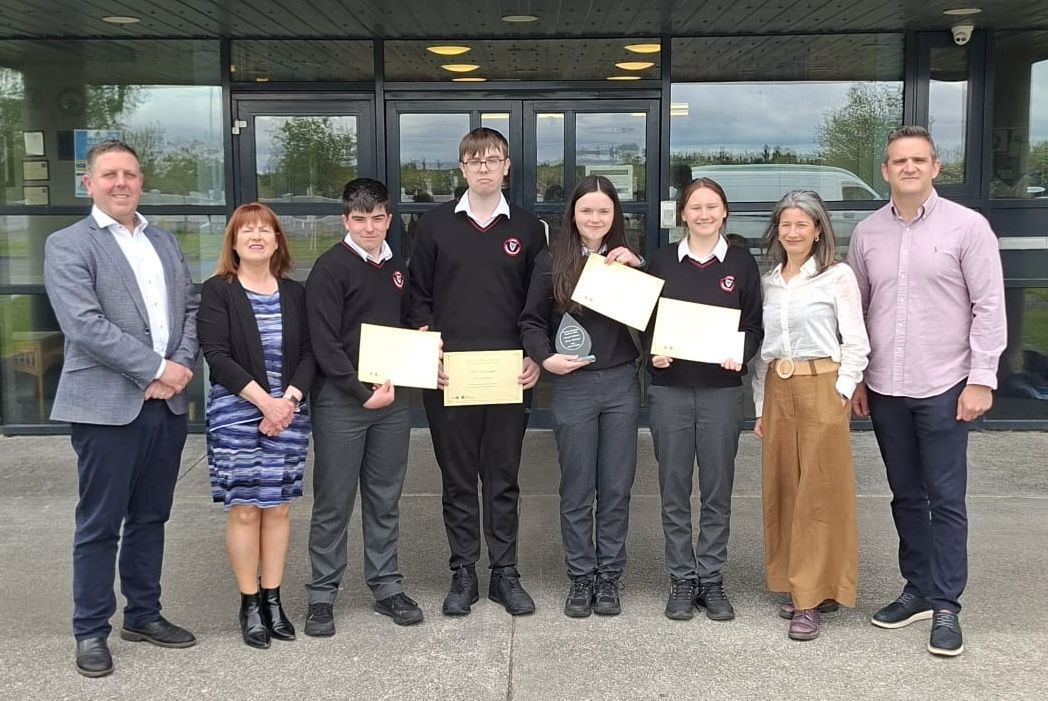 2026 Young Historians at Mohill Community School - including overall winner Ann Tiernan – with Cormac Flynn, Principal;  Mary Conefrey and Sarah Garden, Leitrim County Library; Thomas Nolan, History Teacher