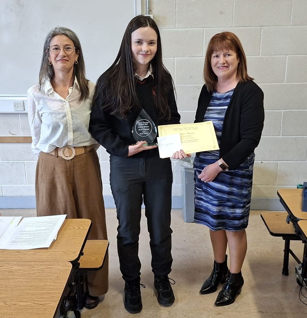 Young Historian of the year, 2026, Ann Tiernan at Mohill Community School with Sarah Garden and Mary Conefrey of Leitrim County Library