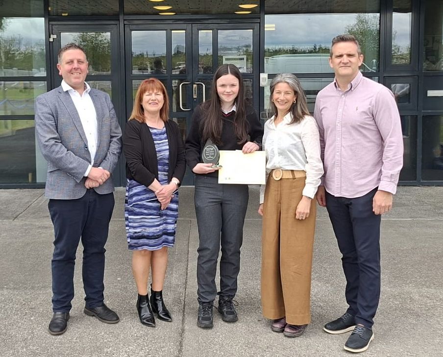 At Mohill Community College: Cormac Flynn, Principal;  Mary Conefrey,  Leitrim County Library; Ann Tiernan, 2026 Young Historian of the year;  Sarah Garden, LCC; Thomas Nolan, History Teacher