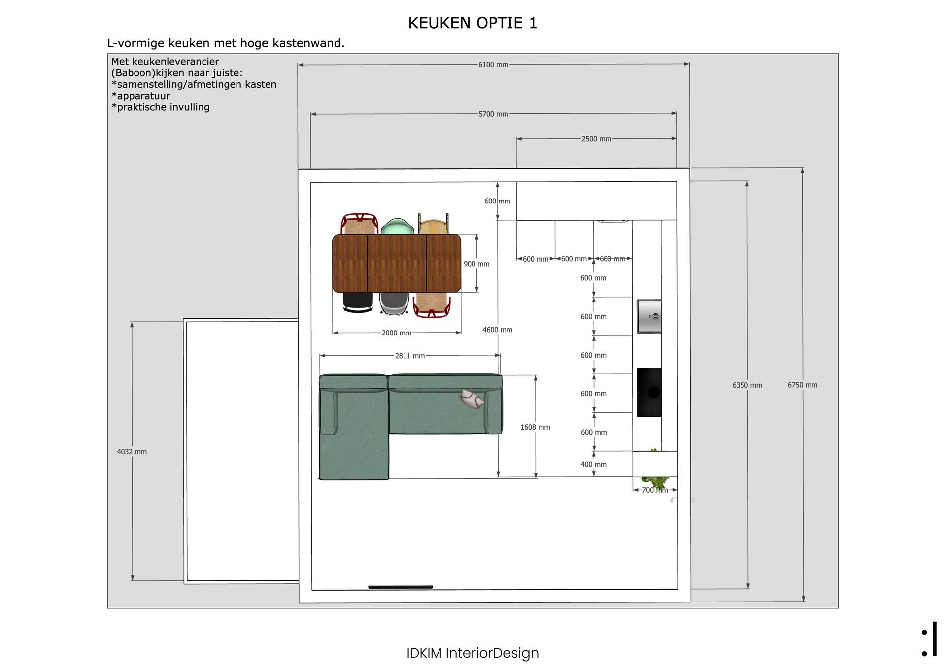 Plattegrond van een L-vormige keuken met bijbehorende afmetingen. Indelingsadvies. Keukenontwerp.
