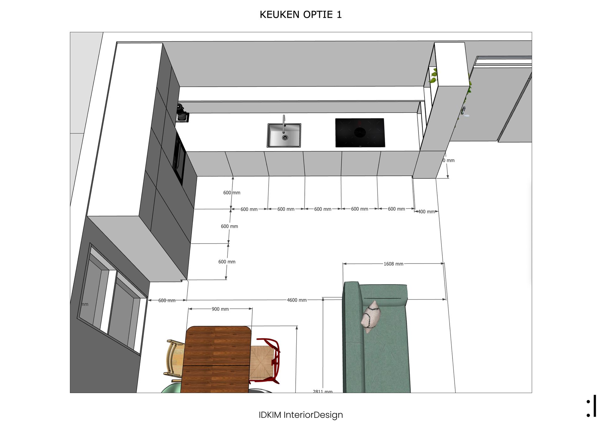 Een bovenaanzicht van de indeling van een appartement. De keuken met spoelbak en fornuis. Indelingsopties. Keukenontwerp