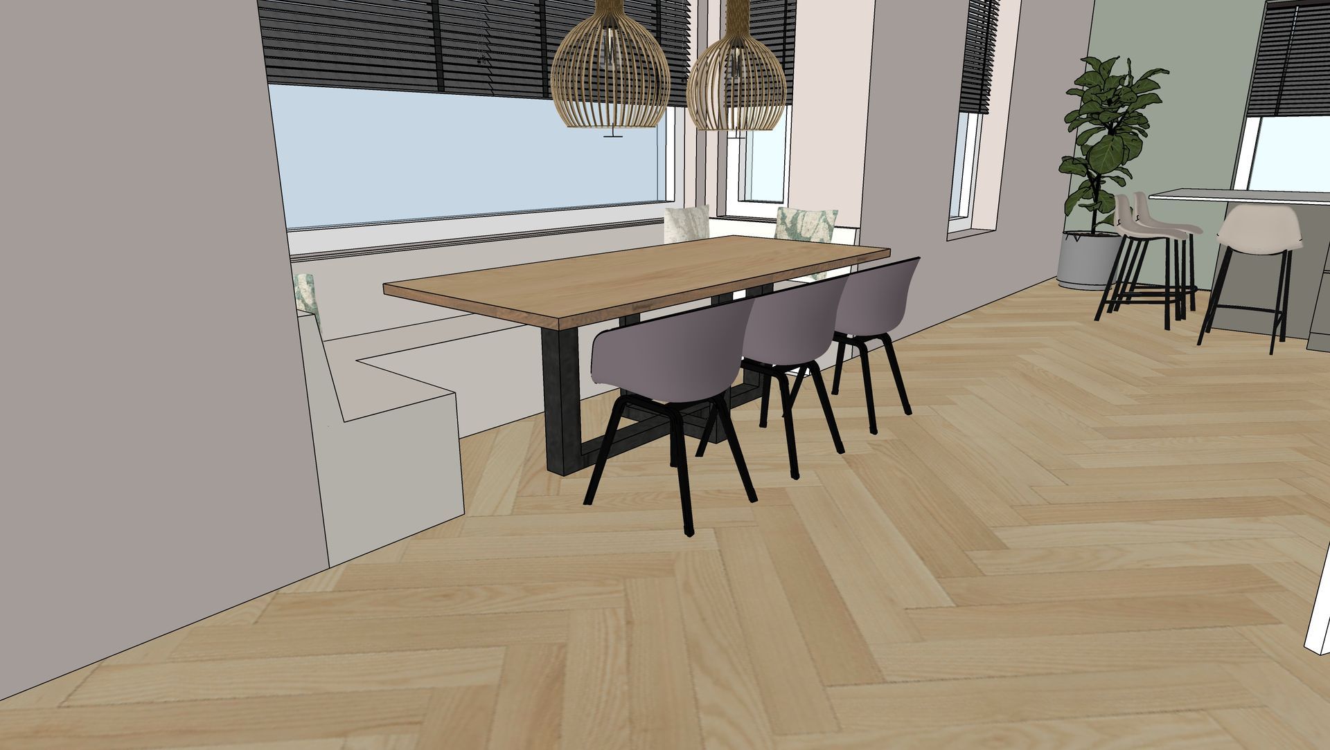 Eethoek met houten tafel, grijze stoelen en lichte houten vloer. Erker. Kleuradvies. Maatwerkbank.