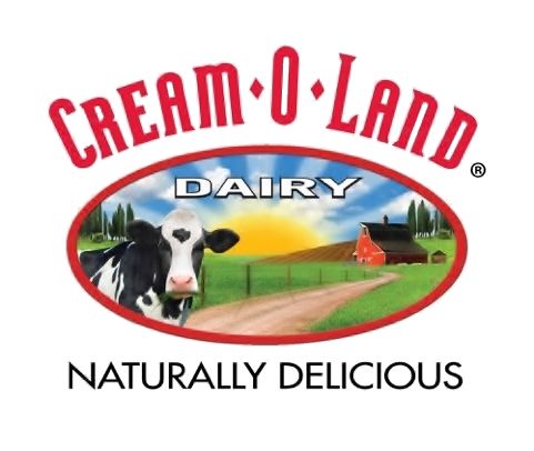 Cream-O-Land Dairy logo: Cow in field, red barn, sunset, oval frame. 