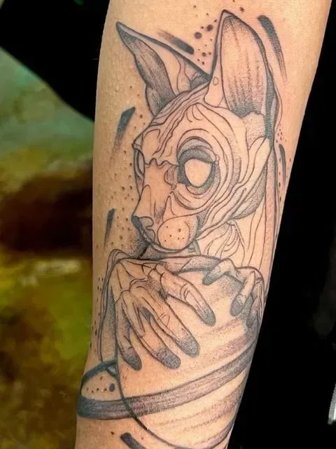 Sphynx cat tattoo on arm, with abstract lines and shading.