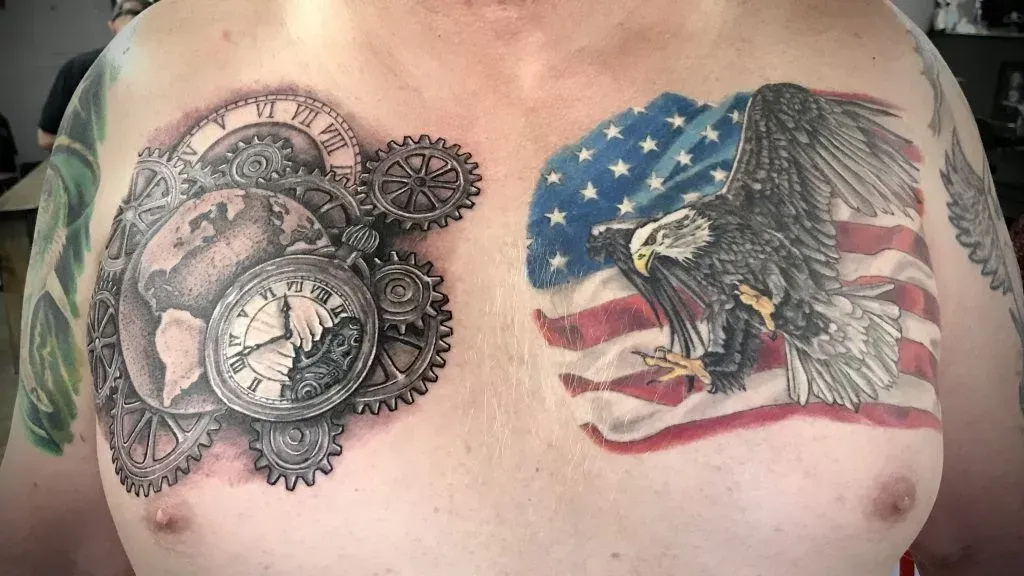 Tattoo of a gear-based clock and globe on the left chest, and an eagle over American flag on the right.