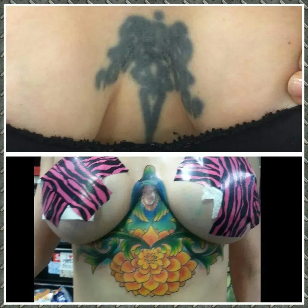Before and after photos of chest tattoos. Top: a faded black tattoo. Bottom: a colorful, ornate cover-up tattoo.