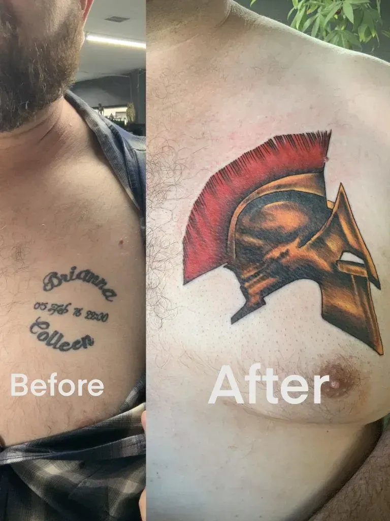 Comparison of a chest tattoo before and after a cover-up: text on left, Spartan helmet on right.