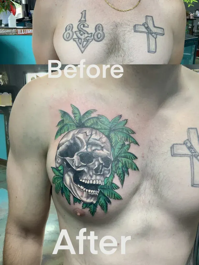 Before and after chest tattoos: a skull design over the original tattoos.
