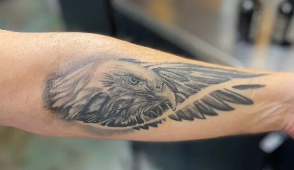 Tattoo of an eagle head and wing on a person's forearm, in black and gray ink.